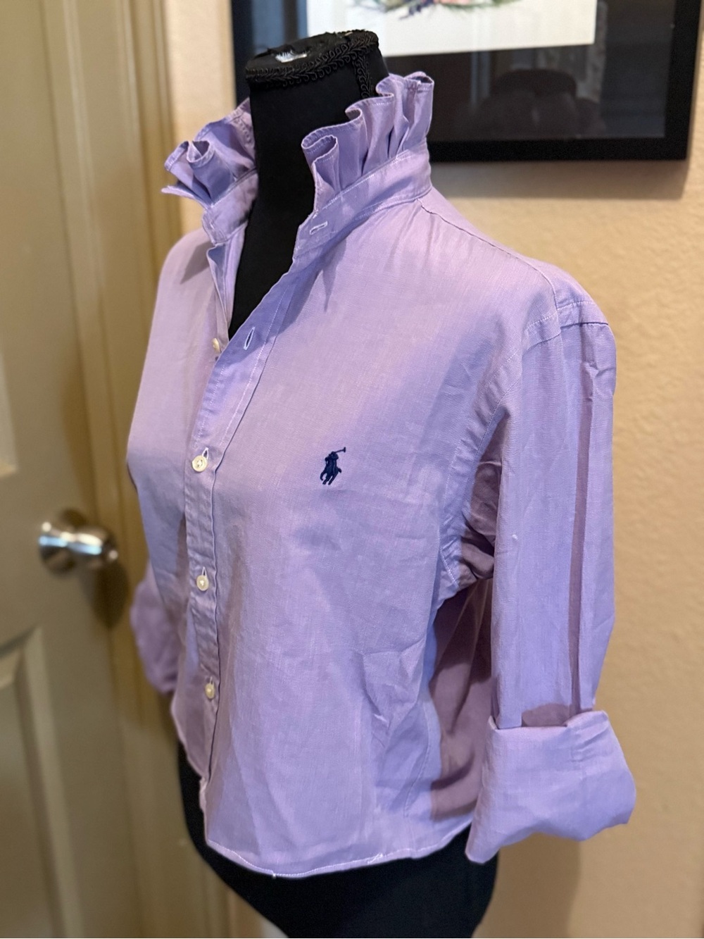 Upcycled Ralph Lauren Lilac Button-Up Shirt with Ruffled Stand Collar